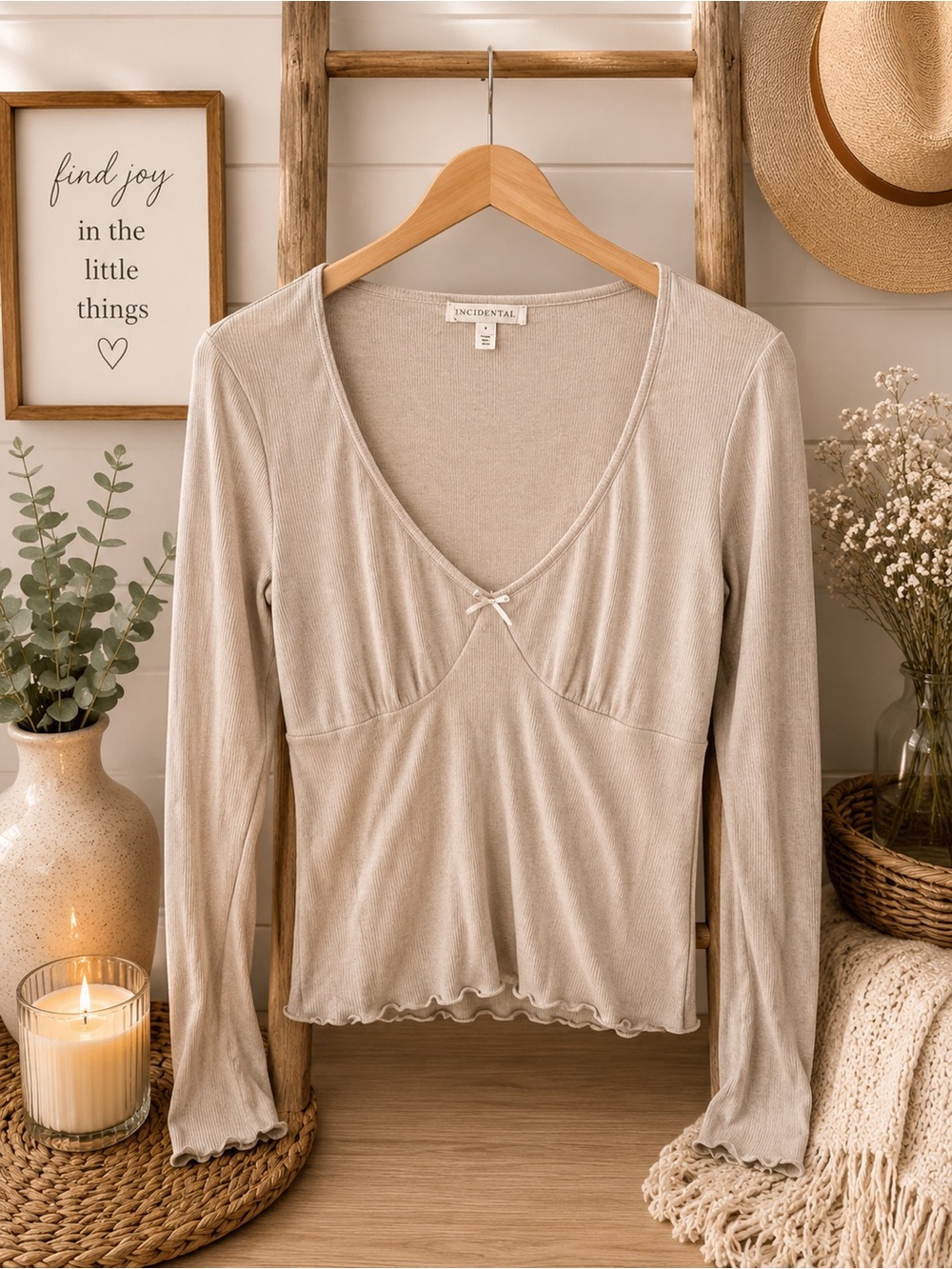 Women's Beige Long-Sleeve V-Neck Top
